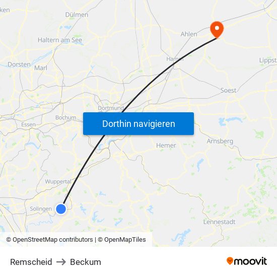 Remscheid to Beckum map