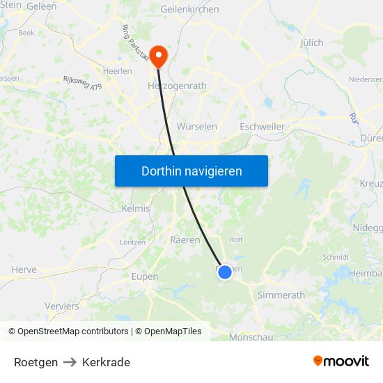Roetgen to Kerkrade map