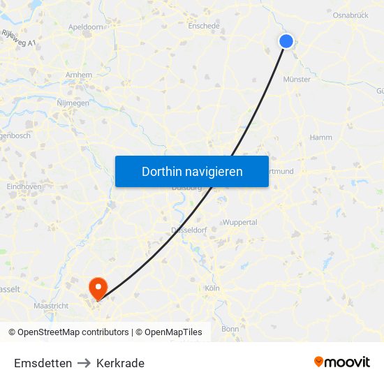 Emsdetten to Kerkrade map