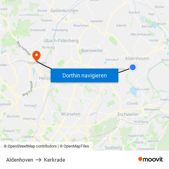 Aldenhoven to Kerkrade map