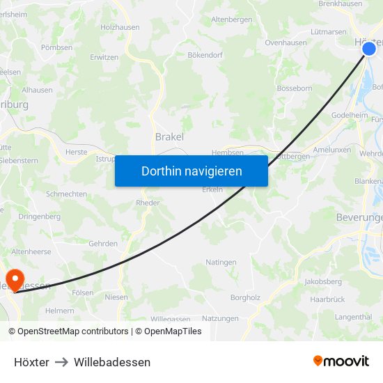 Höxter to Willebadessen map