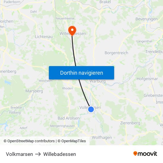 Volkmarsen to Willebadessen map