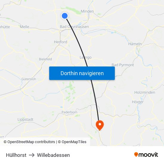 Hüllhorst to Willebadessen map
