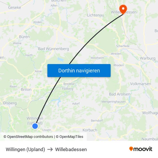 Willingen (Upland) to Willebadessen map