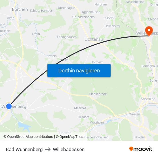 Bad Wünnenberg to Willebadessen map