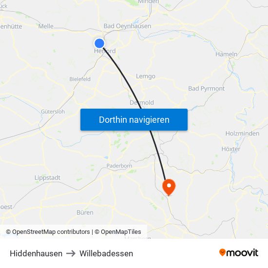 Hiddenhausen to Willebadessen map