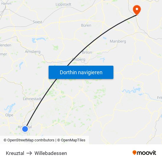 Kreuztal to Willebadessen map