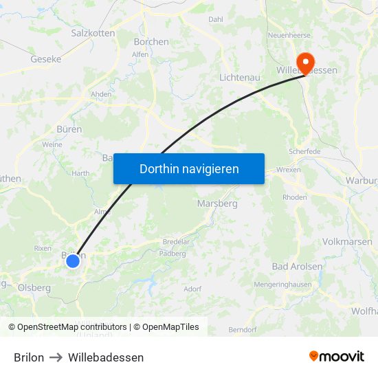 Brilon to Willebadessen map