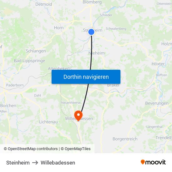 Steinheim to Willebadessen map