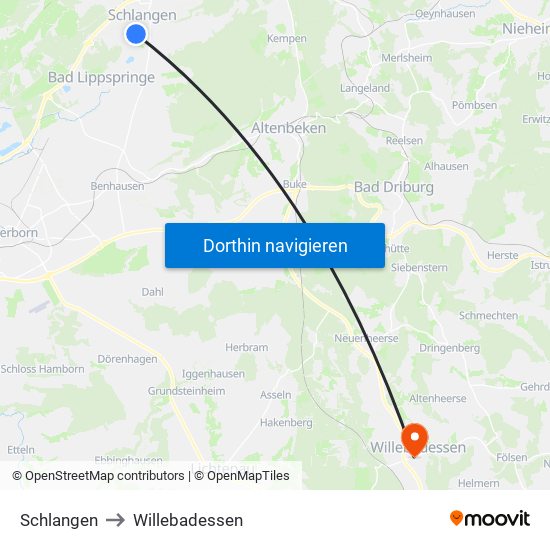 Schlangen to Willebadessen map