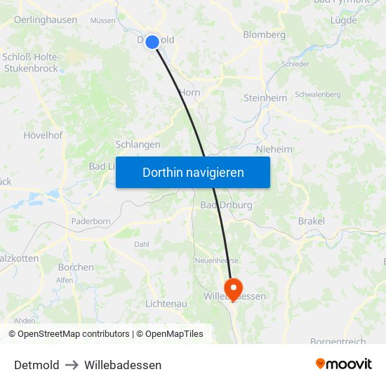 Detmold to Willebadessen map