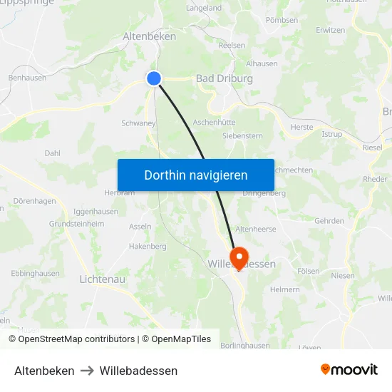 Altenbeken to Willebadessen map