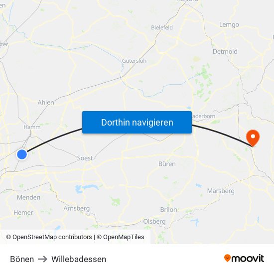 Bönen to Willebadessen map