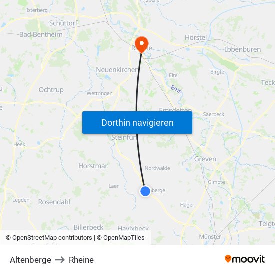 Altenberge to Rheine map