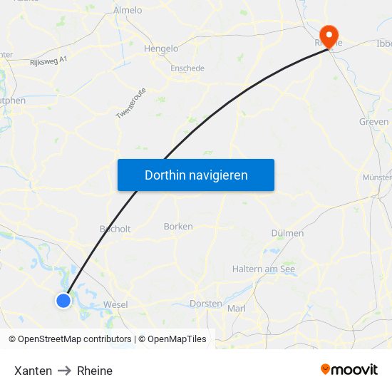 Xanten to Rheine map