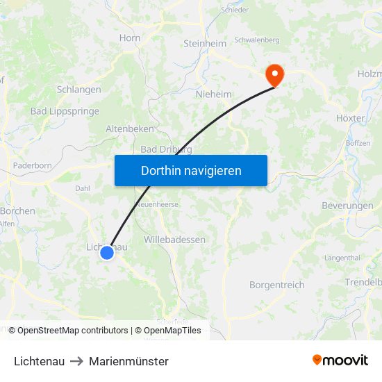 Lichtenau to Marienmünster map