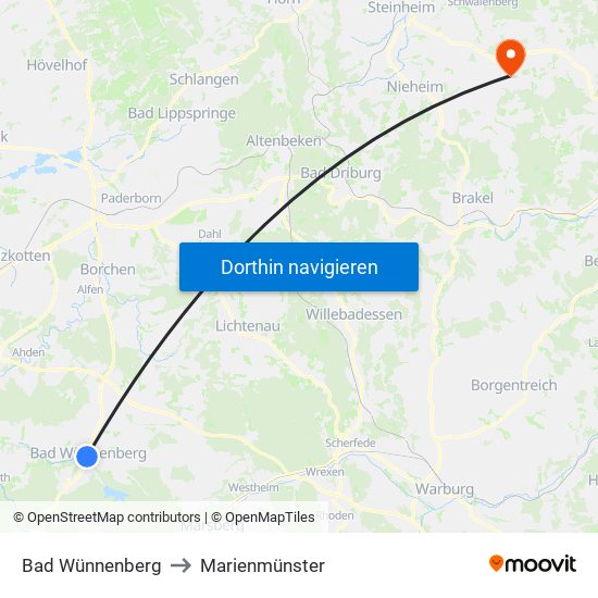 Bad Wünnenberg to Marienmünster map