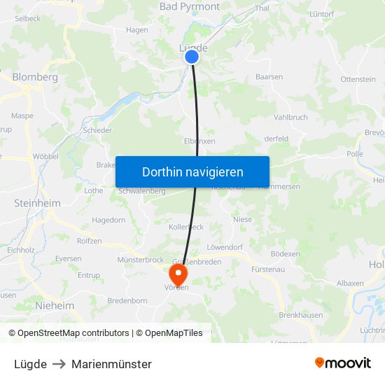 Lügde to Marienmünster map