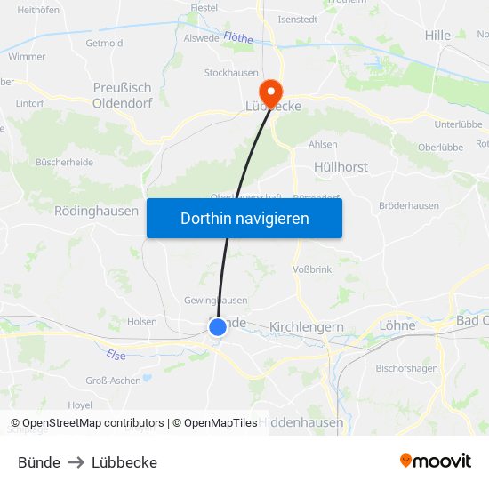Bünde to Lübbecke map