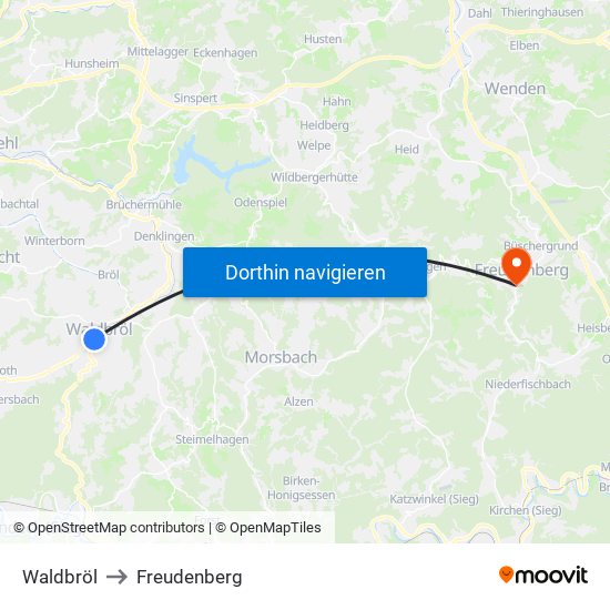 Waldbröl to Freudenberg map