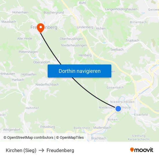 Kirchen (Sieg) to Freudenberg map