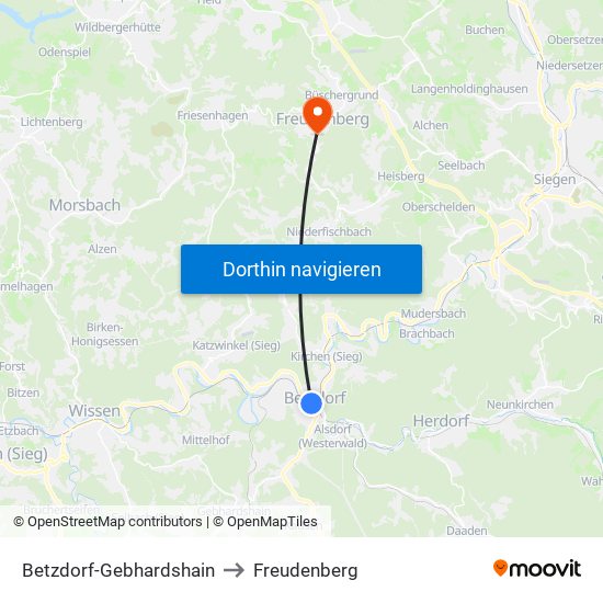 Betzdorf-Gebhardshain to Freudenberg map