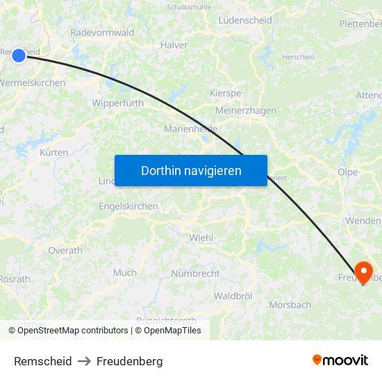 Remscheid to Freudenberg map