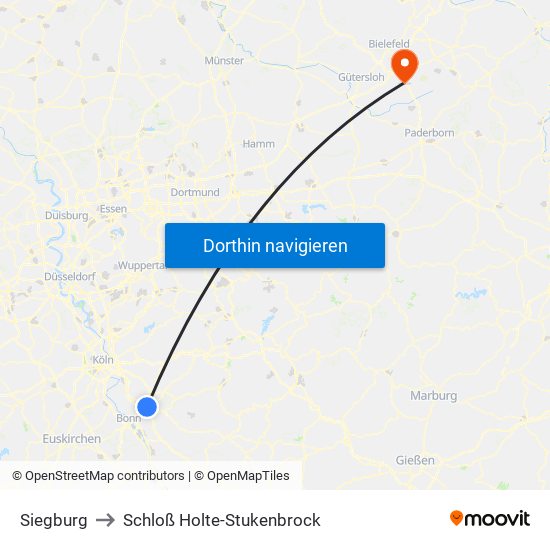 Siegburg to Schloß Holte-Stukenbrock map