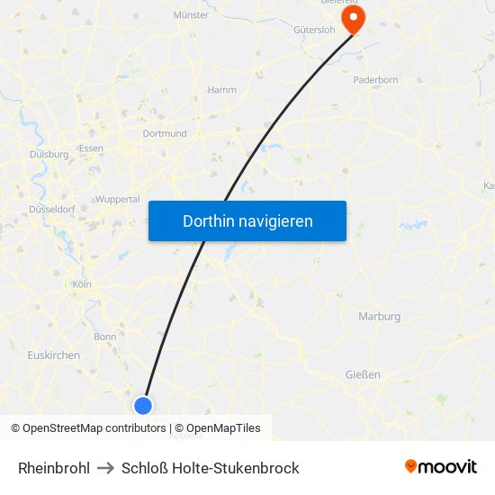 Rheinbrohl to Schloß Holte-Stukenbrock map