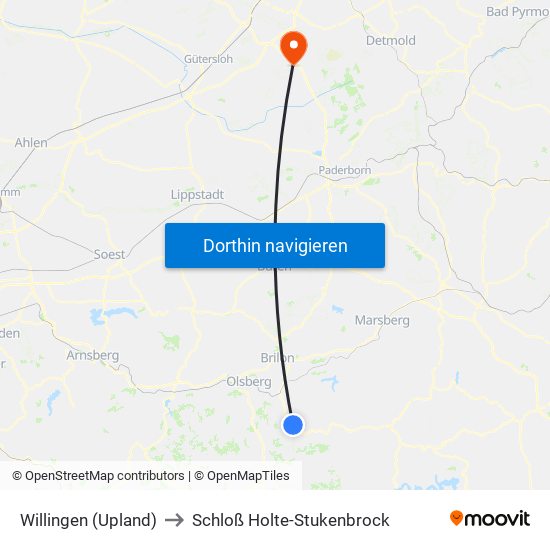 Willingen (Upland) to Schloß Holte-Stukenbrock map