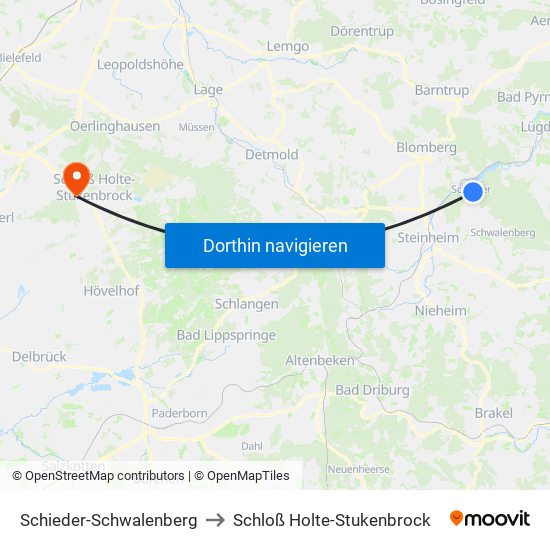 Schieder-Schwalenberg to Schloß Holte-Stukenbrock map