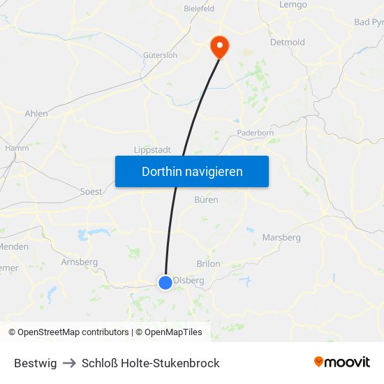 Bestwig to Schloß Holte-Stukenbrock map