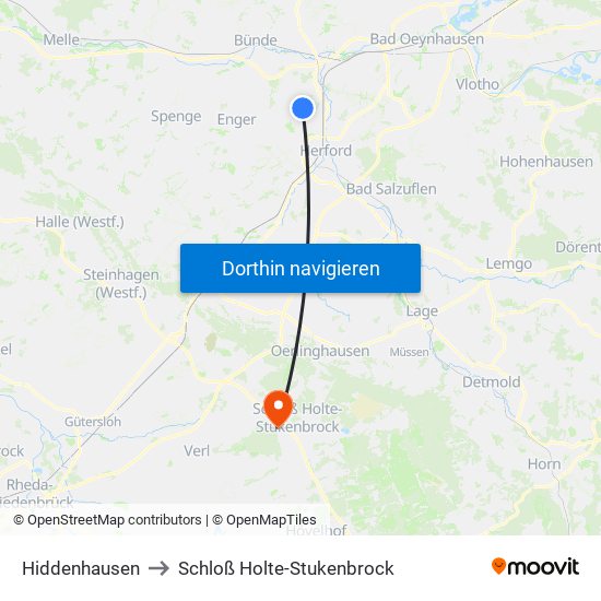 Hiddenhausen to Schloß Holte-Stukenbrock map