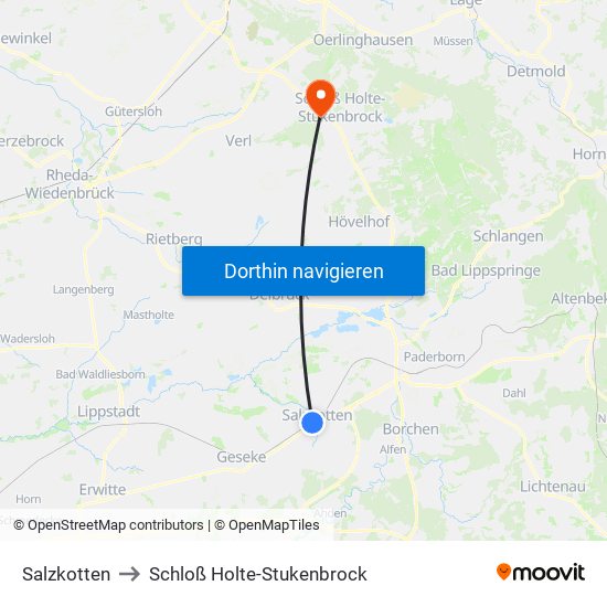 Salzkotten to Schloß Holte-Stukenbrock map