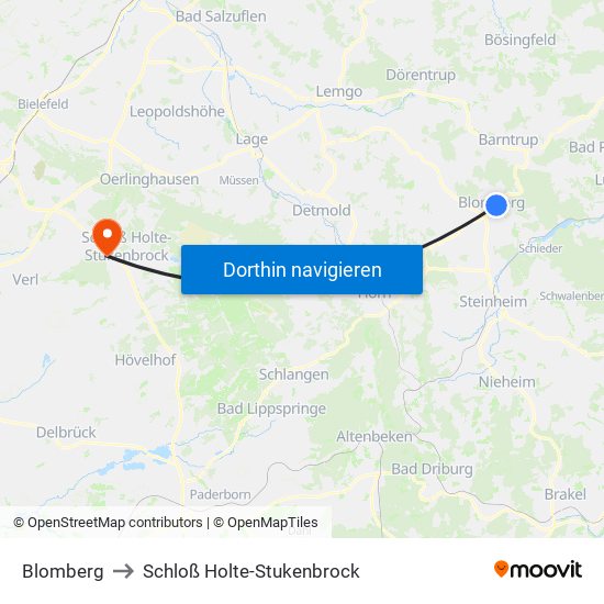 Blomberg to Schloß Holte-Stukenbrock map