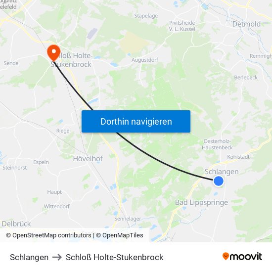 Schlangen to Schloß Holte-Stukenbrock map