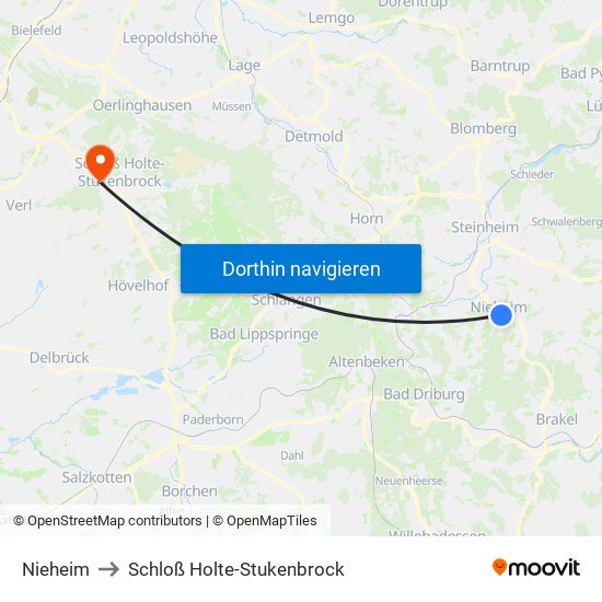 Nieheim to Schloß Holte-Stukenbrock map