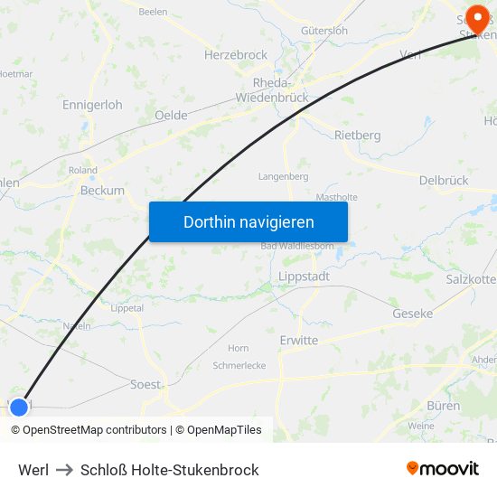 Werl to Schloß Holte-Stukenbrock map