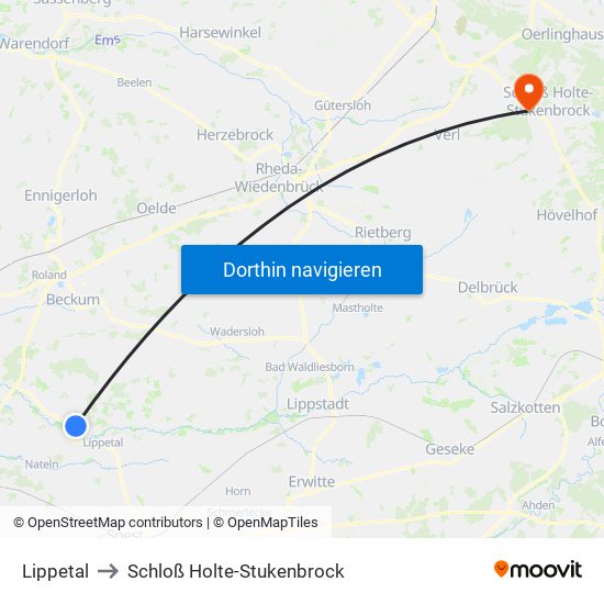 Lippetal to Schloß Holte-Stukenbrock map