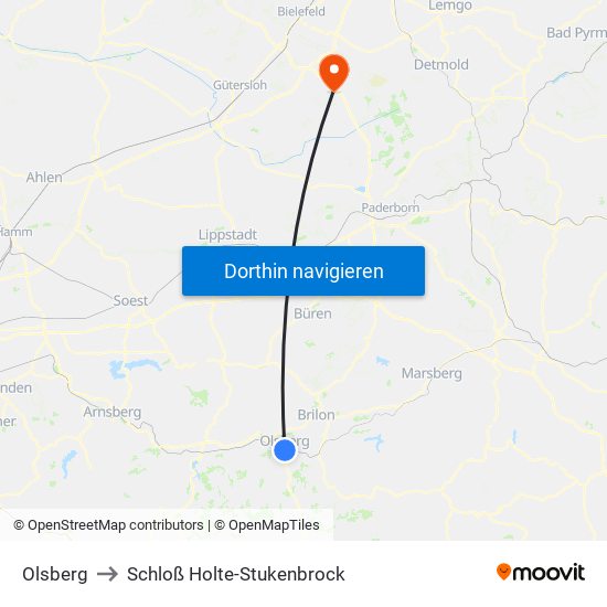 Olsberg to Schloß Holte-Stukenbrock map