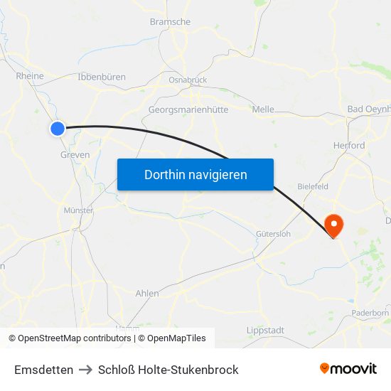 Emsdetten to Schloß Holte-Stukenbrock map