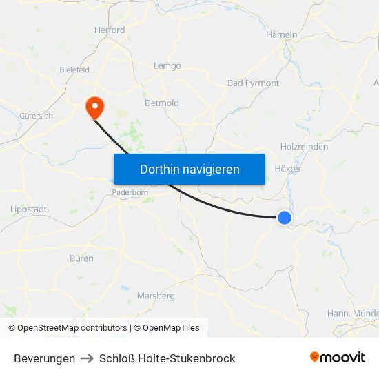 Beverungen to Schloß Holte-Stukenbrock map