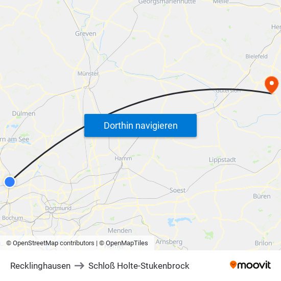 Recklinghausen to Schloß Holte-Stukenbrock map