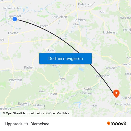 Lippstadt to Diemelsee map