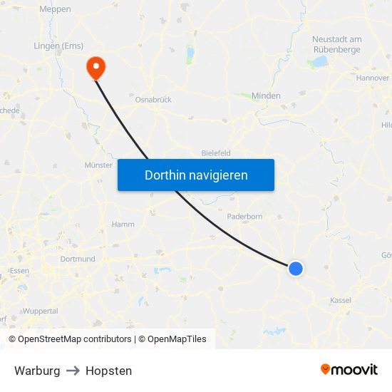 Warburg to Hopsten map