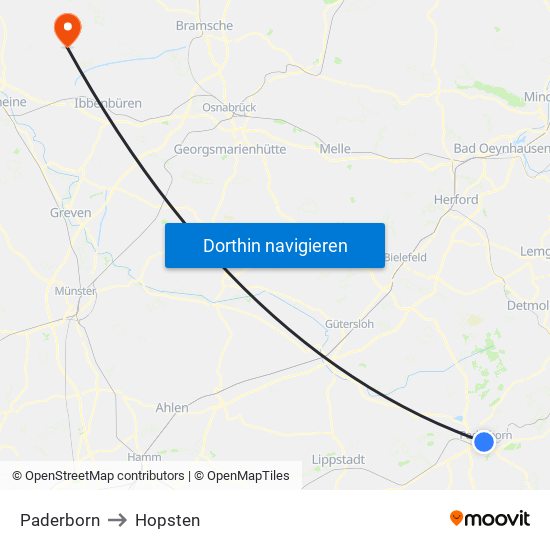 Paderborn to Hopsten map