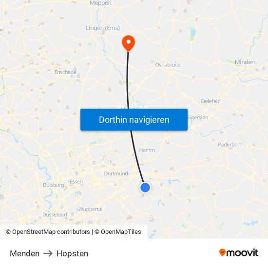 Menden to Hopsten map