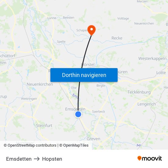 Emsdetten to Hopsten map