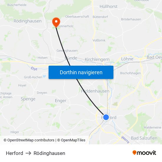 Herford to Rödinghausen map
