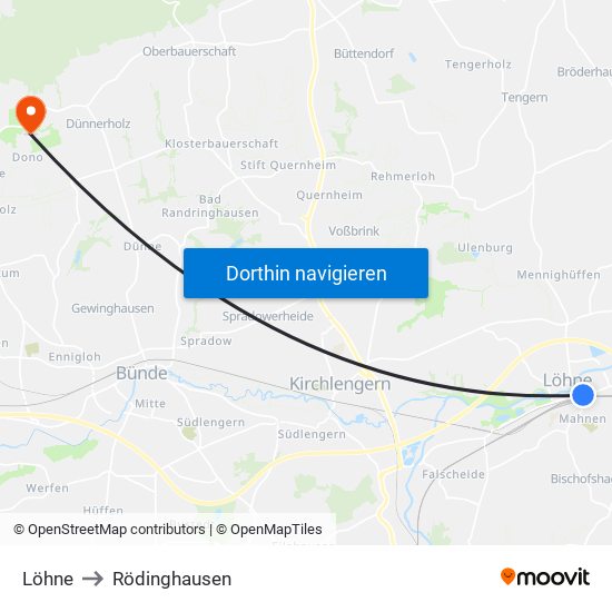 Löhne to Rödinghausen map